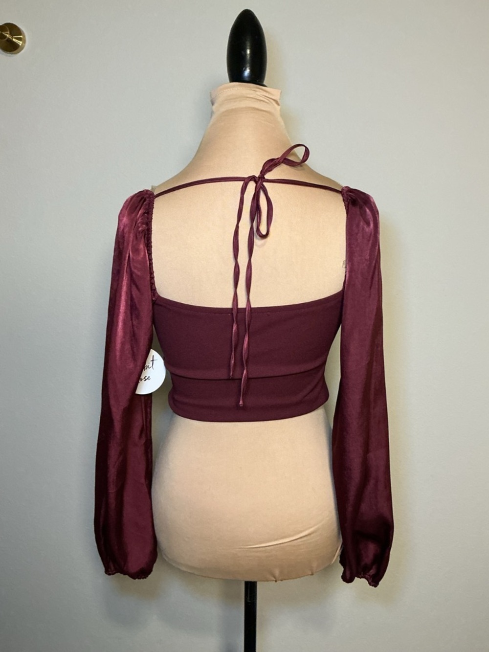 Rabbit Rose Burgundy Satin Bustier Long Sleeve Crop Top - Picture 6 of 12